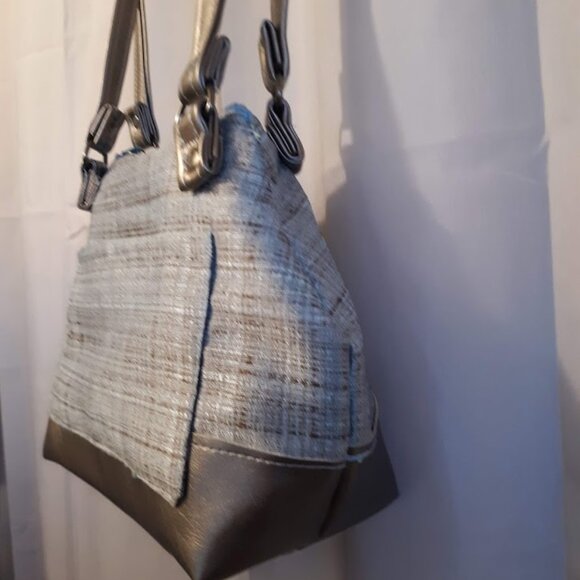 New Faux Leather Double handle Shoulder Satchel Bag Purse Aqua Brown Coastal - Picture 6 of 13